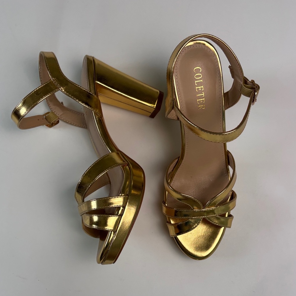 Bundle 2/$30! Like NEW Coleter Gold Metallic Strappy Block Heel Sandals Retro 10